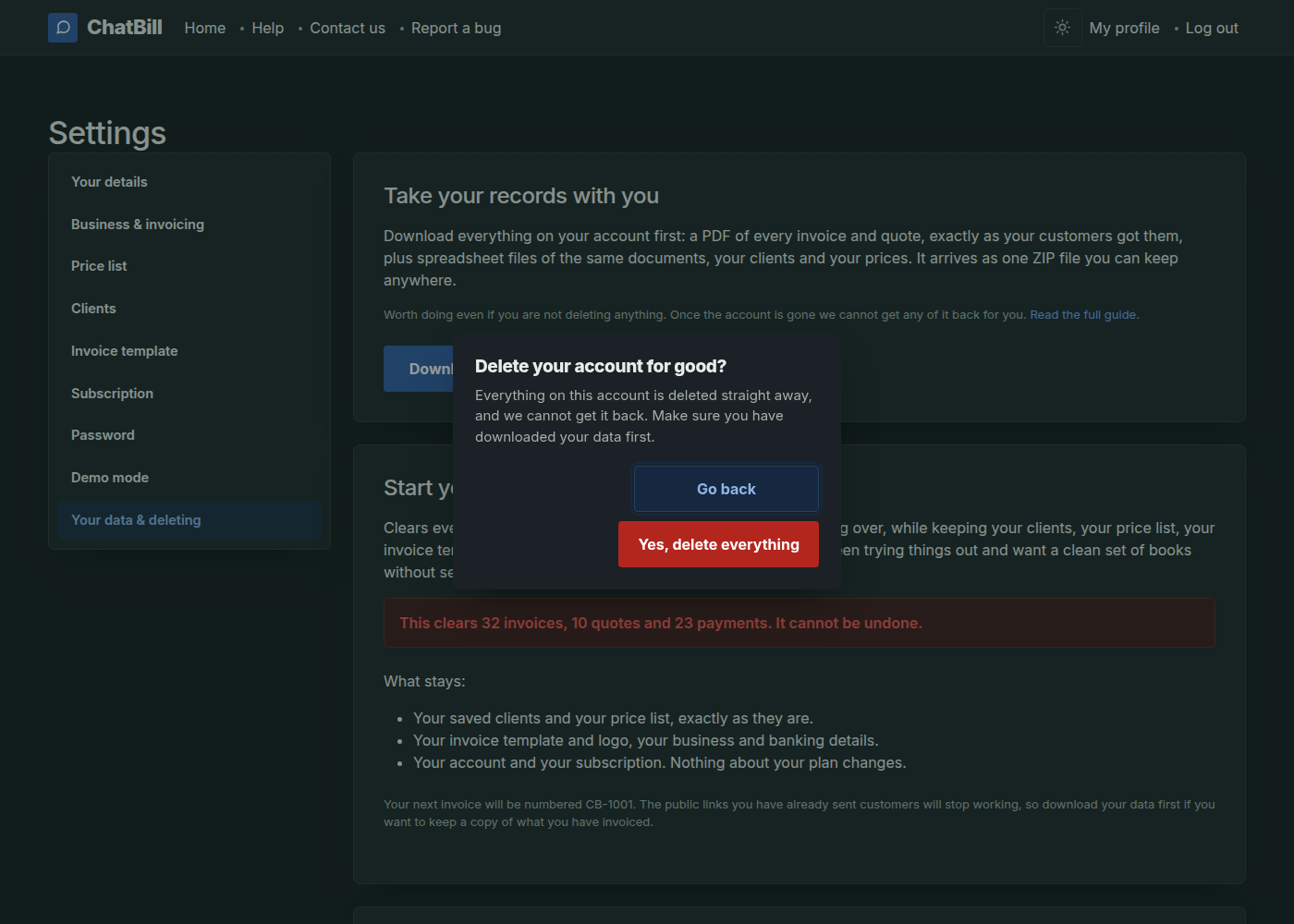 The delete account confirmation dialog, warning that everything on the account is deleted straight away and cannot be recovered, with a red Yes, delete everything button.