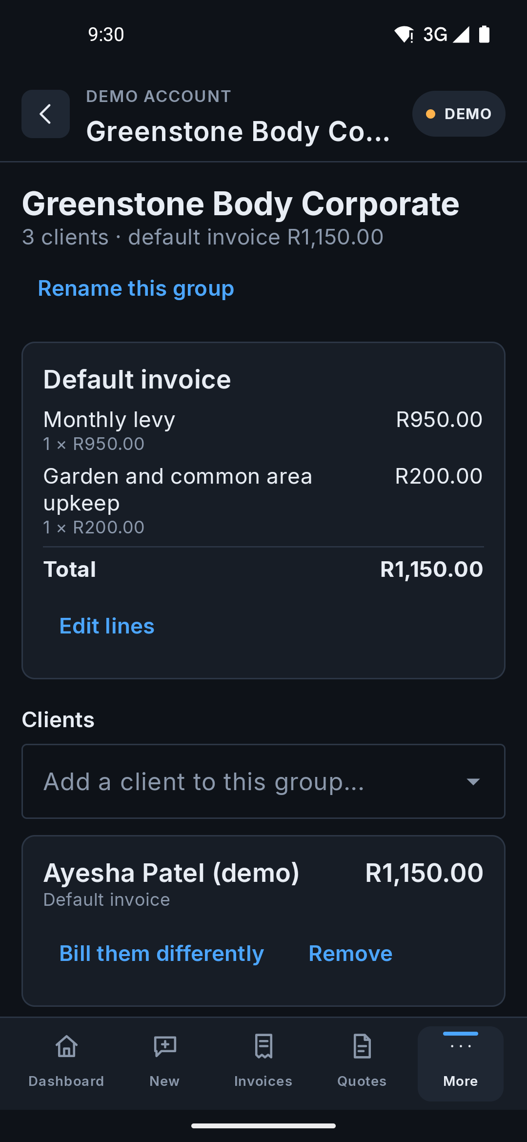 The same group page on the Android app, with the default invoice, the Add a client picker, and the members list showing each client on that default invoice.