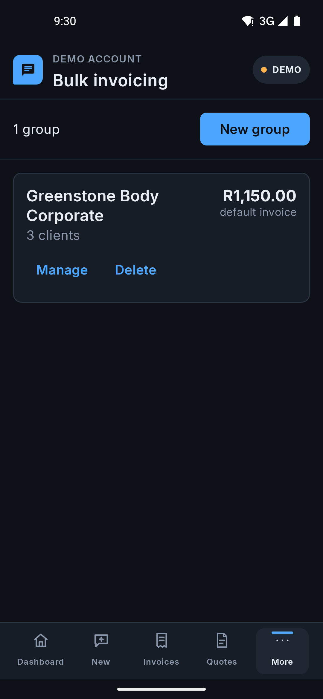 The same Bulk invoicing list on the Android app, with a New group button and one group listed.