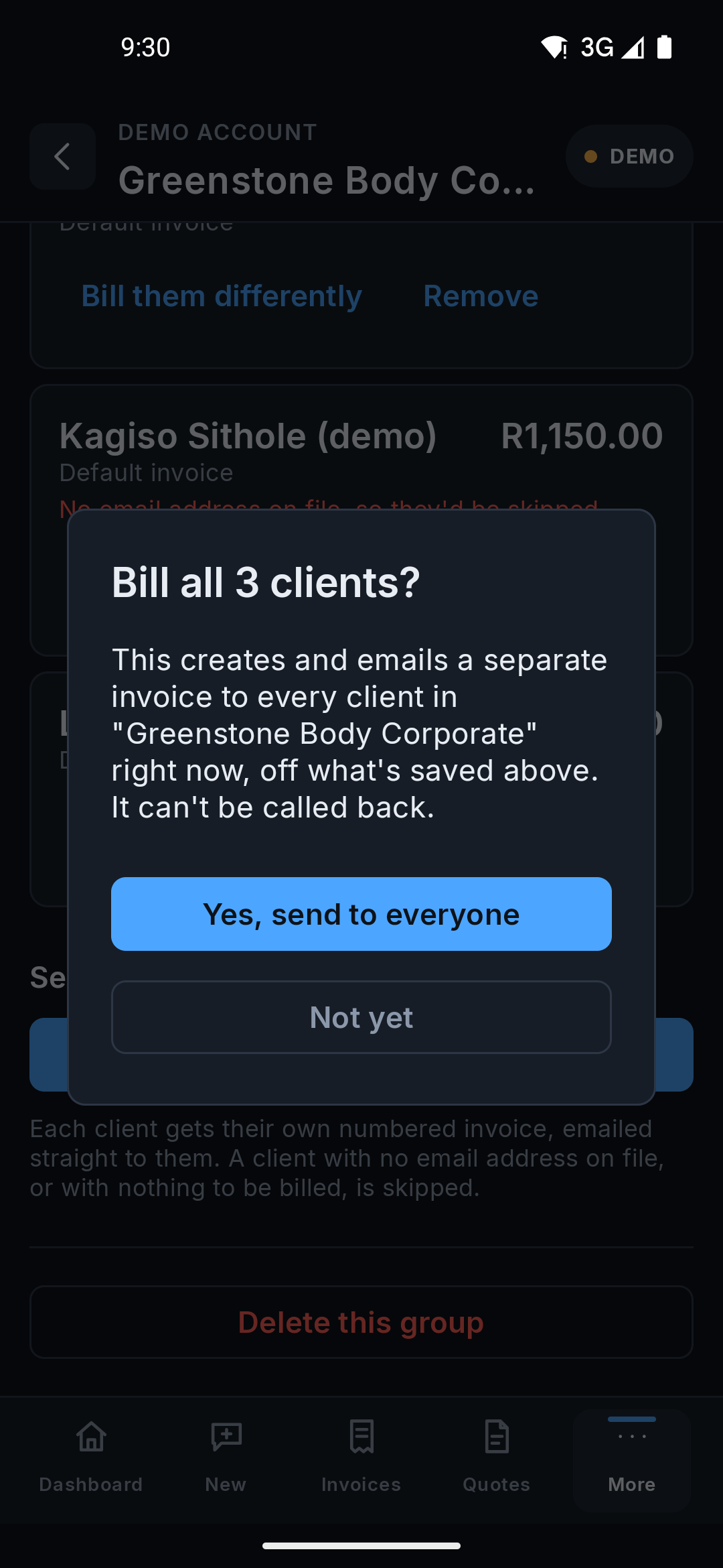 The same confirmation on the Android app: 'Bill all 3 clients?', with a warning that it can't be called back, and buttons to send or wait.
