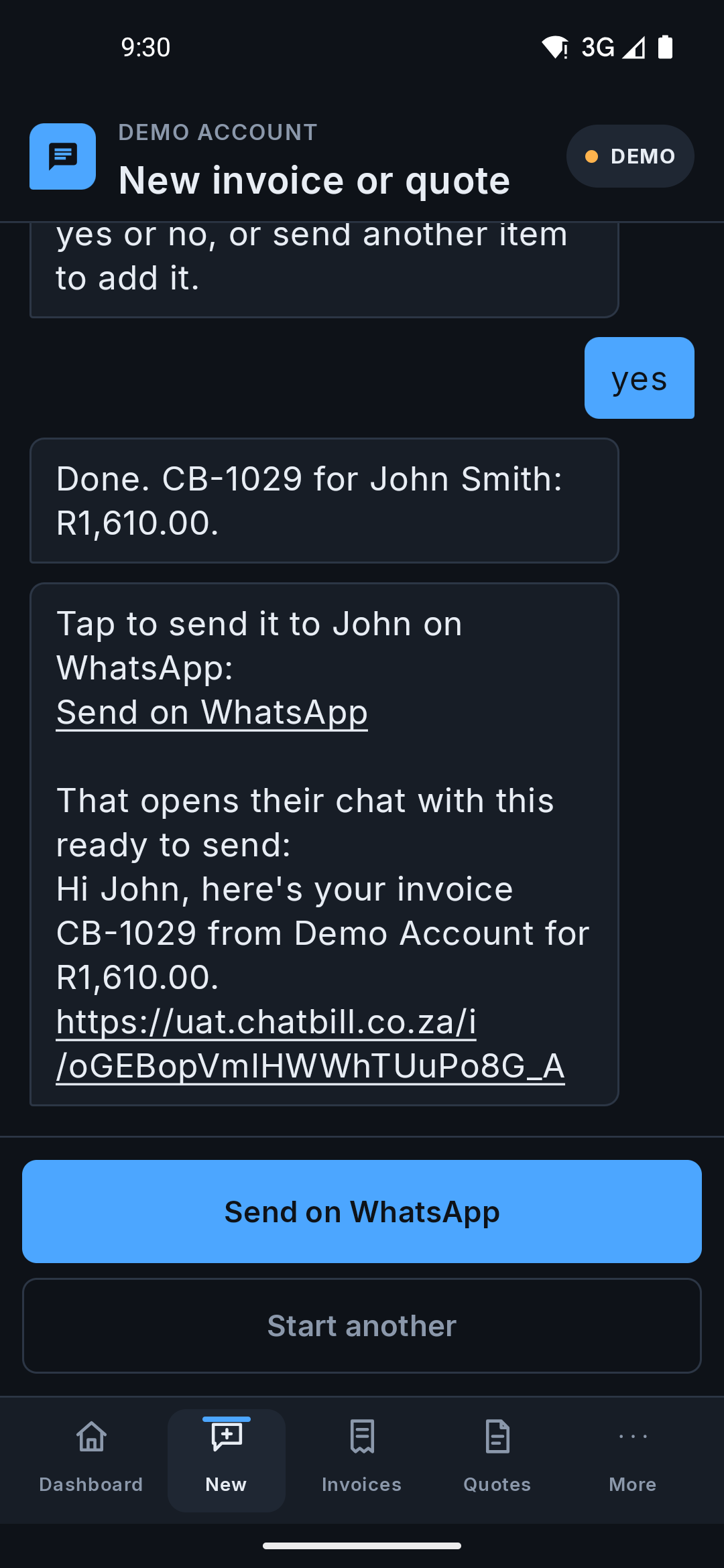 The same 'Done. CB-1029 for John Smith: R1,610.00.' confirmation on the Android app, with a Send on WhatsApp button.