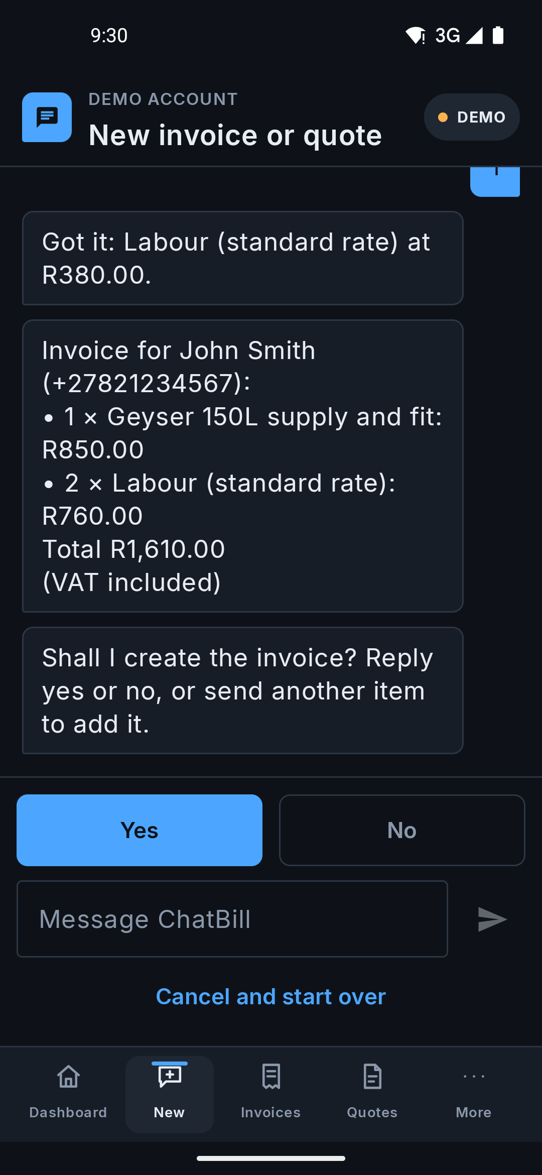 The same summary and 'Shall I create the invoice? Reply yes or no.' on the Android app.