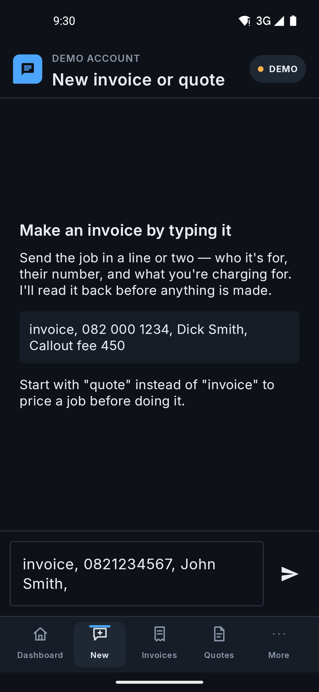 The same chat screen opening on the Android app, with the message box already containing 'invoice, 0821234567, John Smith,' ready for the job to be added.