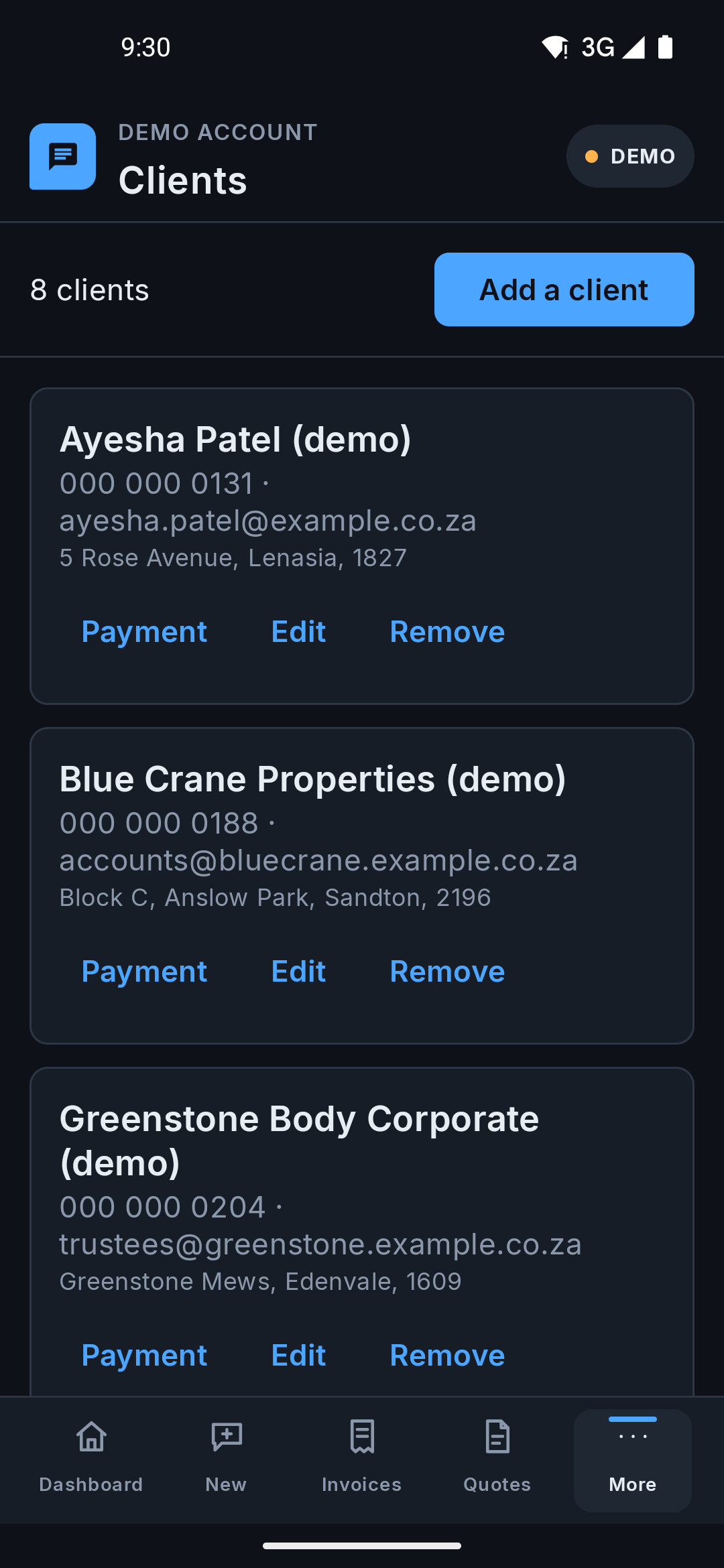The same Clients screen on the Android app, one card per client with their contact and billing address.