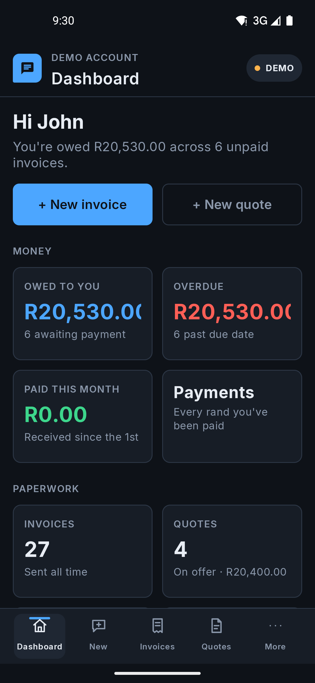 The Android app's dashboard, showing the same + New invoice and + New quote buttons above the summary tiles.