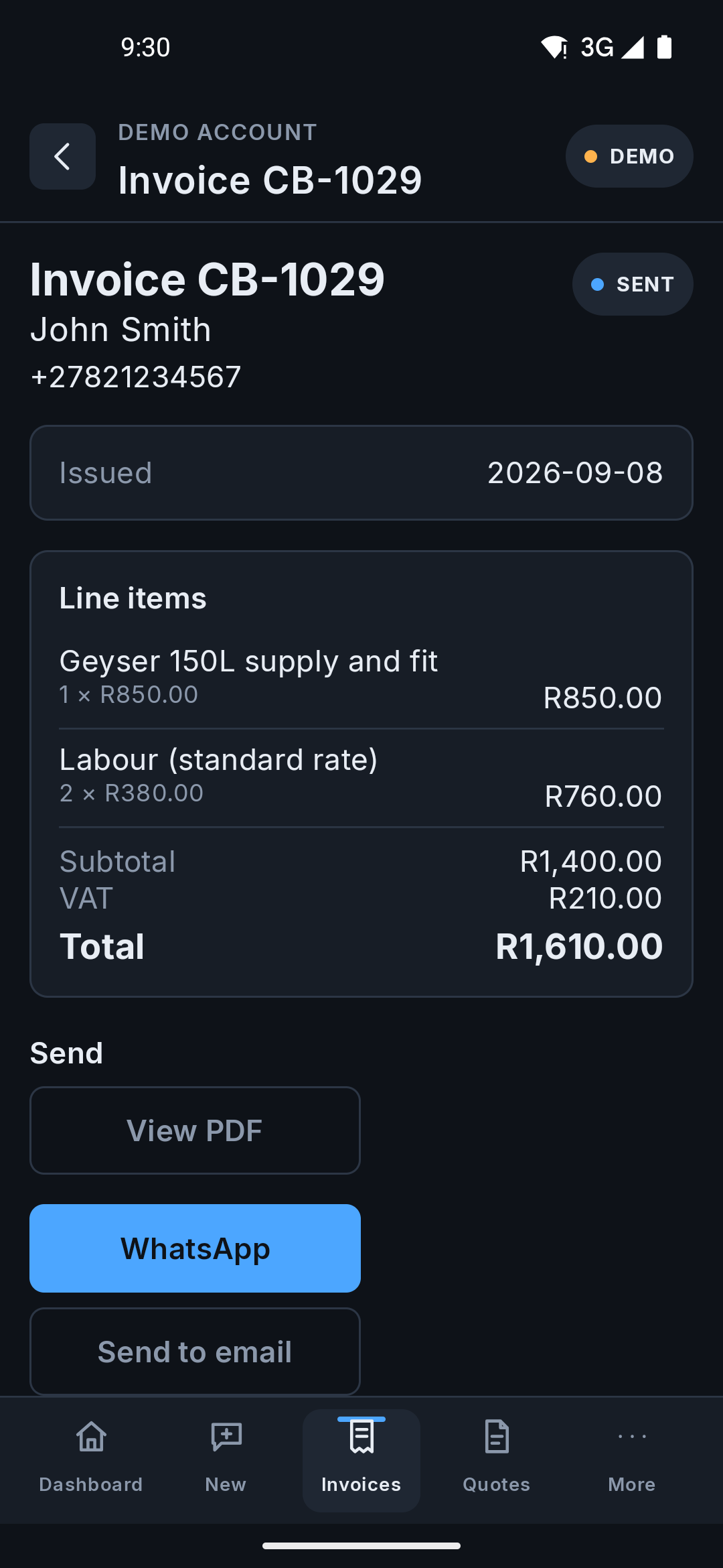 The same invoice on the Android app, showing the customer, the date it was issued, the line items, subtotal, VAT and total, and buttons for View PDF, WhatsApp and Send to email.
