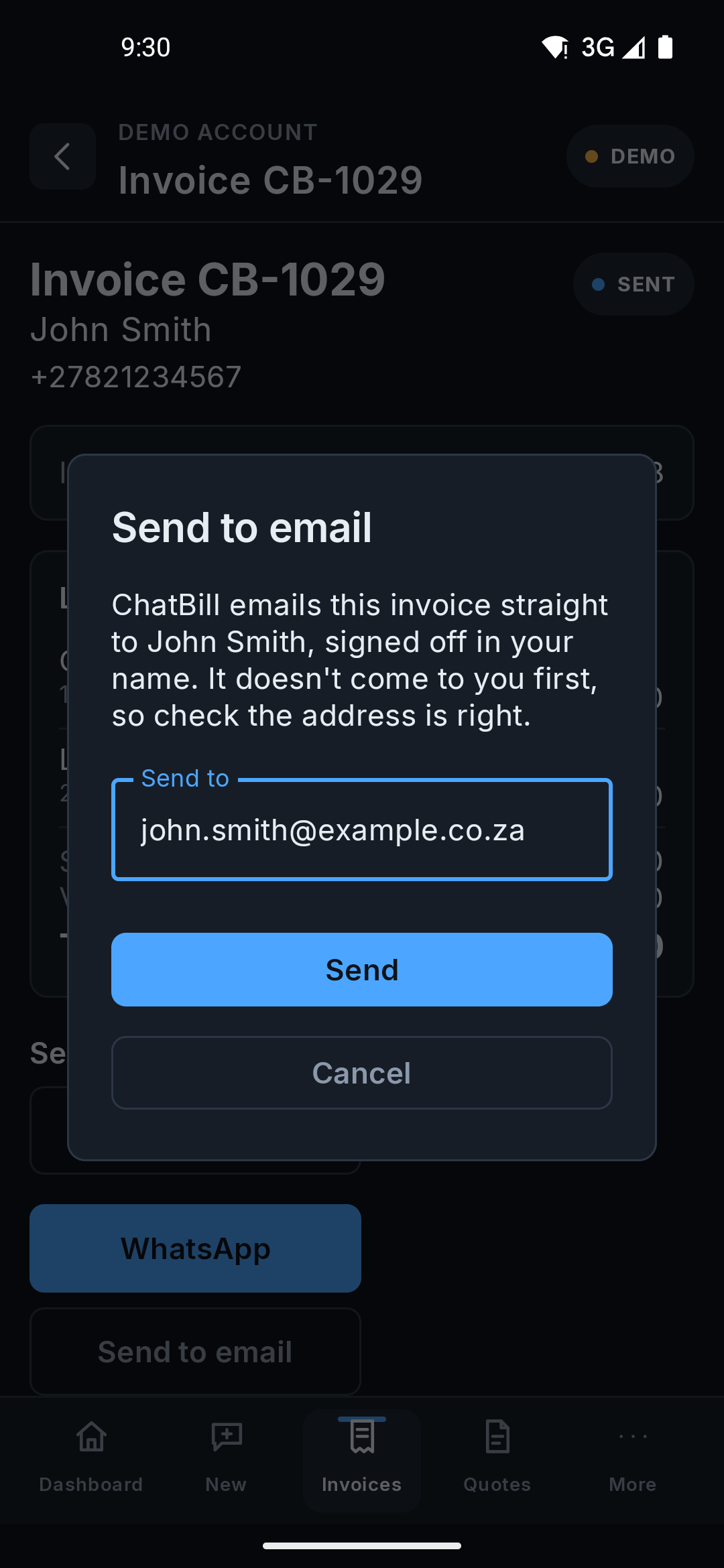 The Send to email dialog on the Android app, filled in with a customer's email address, with Send and Cancel buttons.