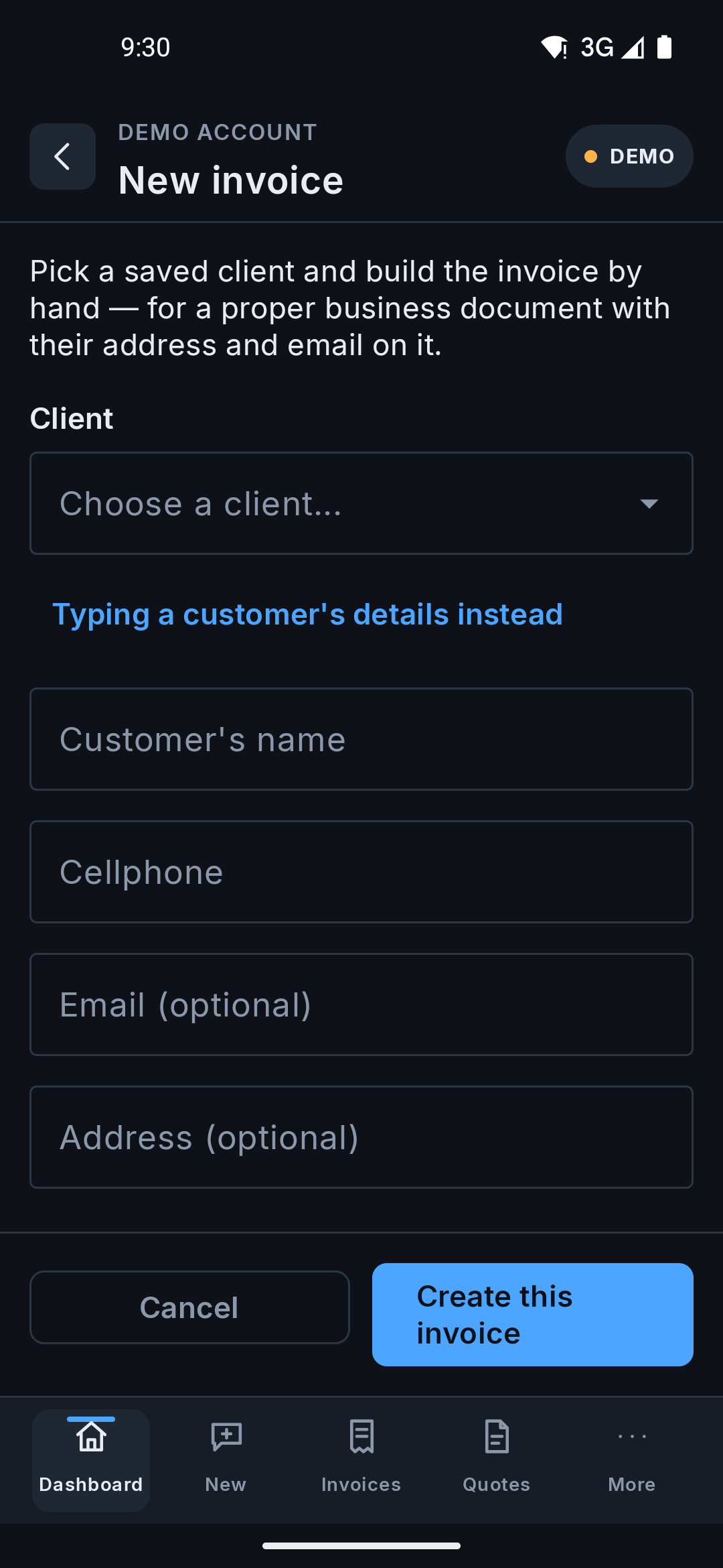 The same New invoice form on the Android app, with a client dropdown, an option to type a customer's details instead, and payment-due options.