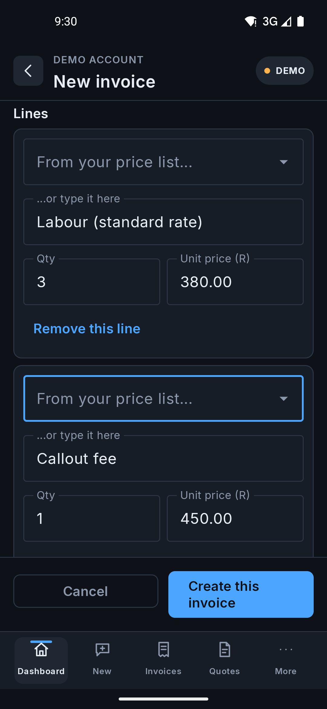 The same form on the Android app, with two lines built from the price list: Labour (standard rate) at qty 3 and R380.00 each, and Callout fee at qty 1 and R450.00.