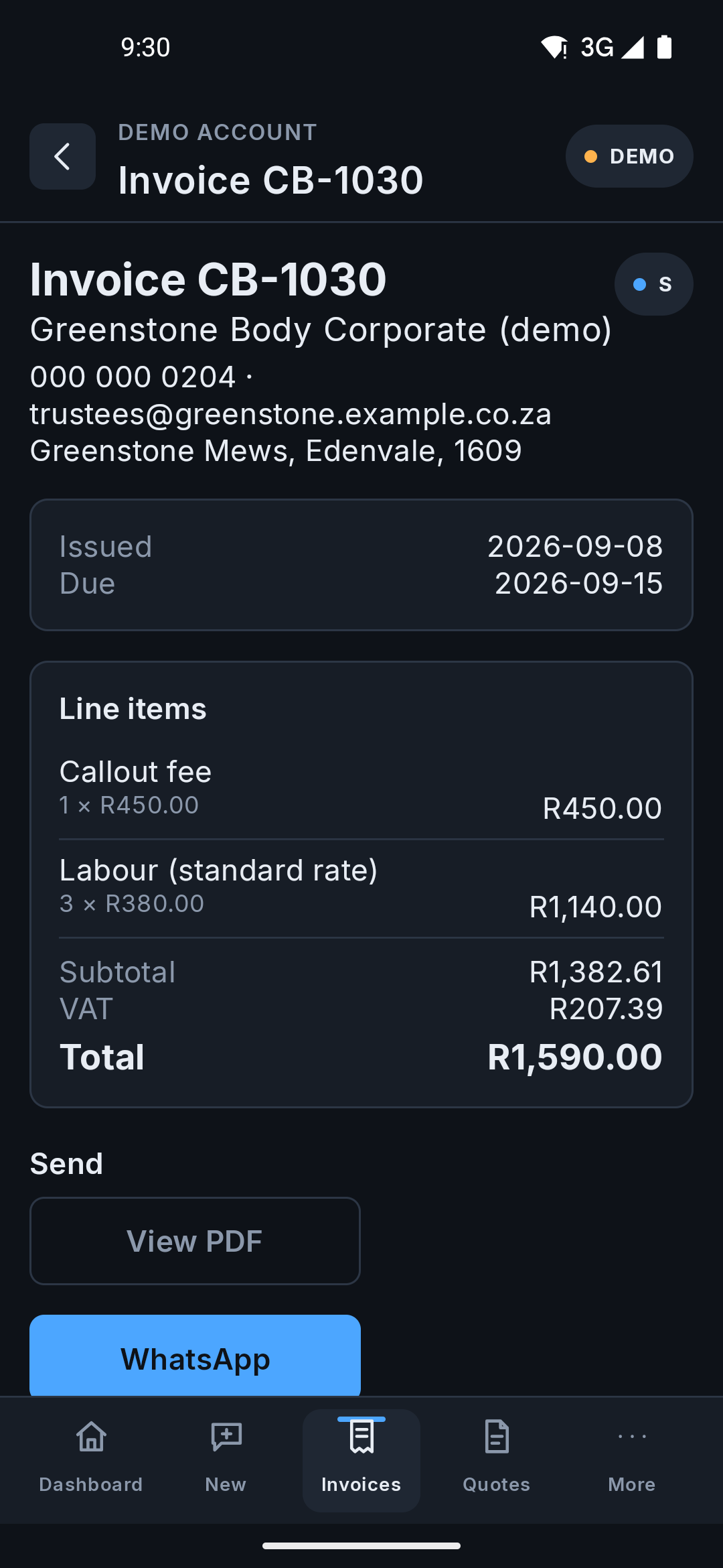 The same created invoice on the Android app, for Greenstone Body Corporate with their address printed, the Callout fee and Labour lines, VAT, and a total of R1,590.00.