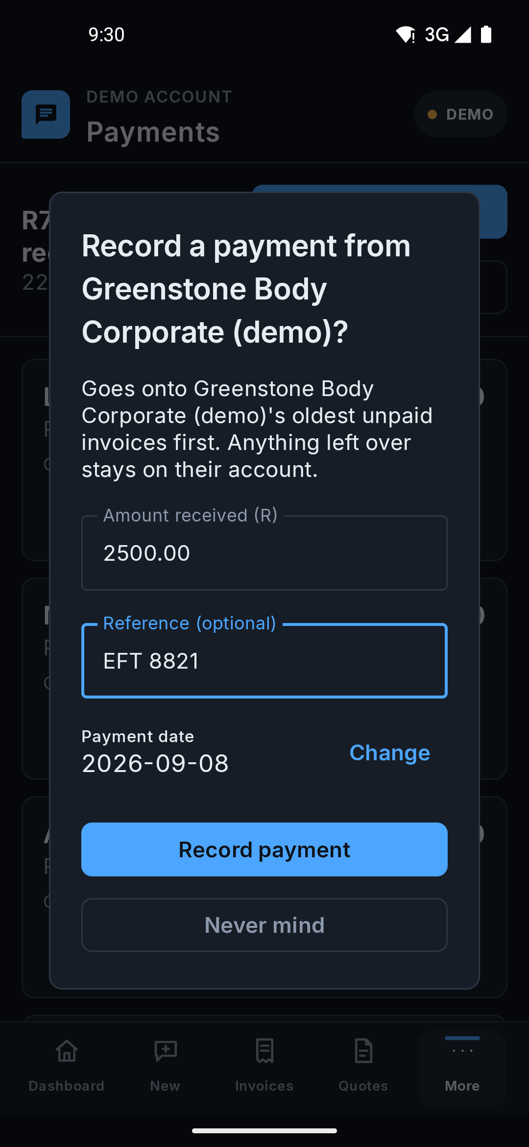 The Android app recording a payment from a saved client, with the amount, date and reference.