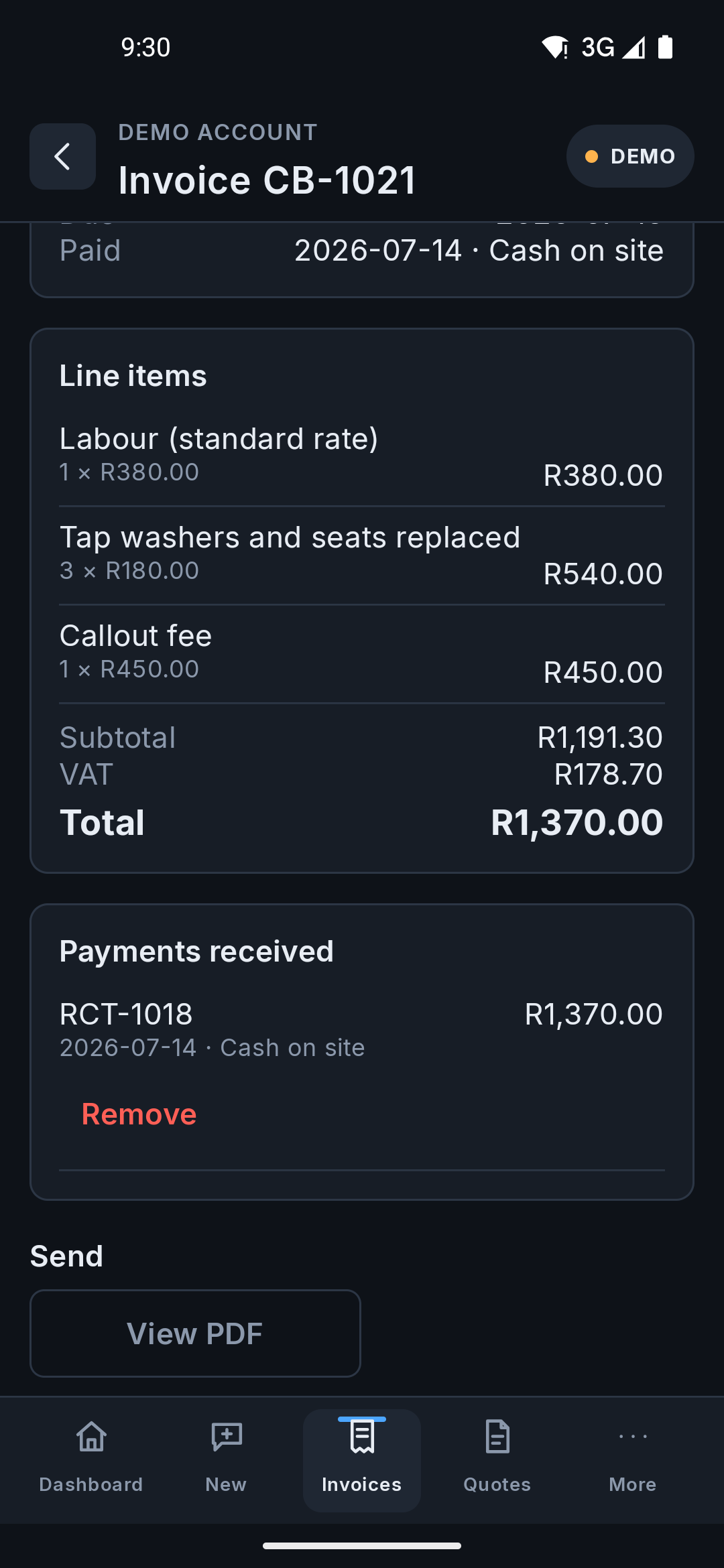 The same invoice on the Android app, showing what has been received against it and the payments making that up.