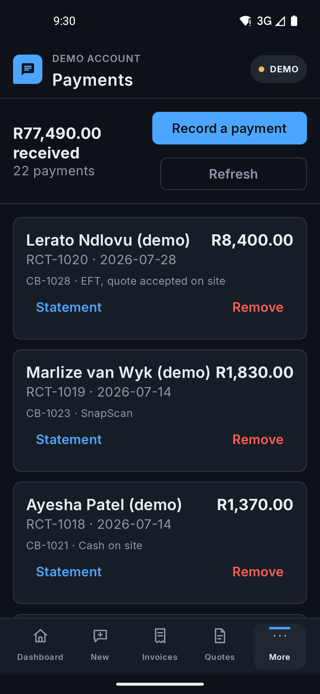 The Payments list on the Android app, one card per payment showing the customer, receipt number, date, what it settled and the amount.