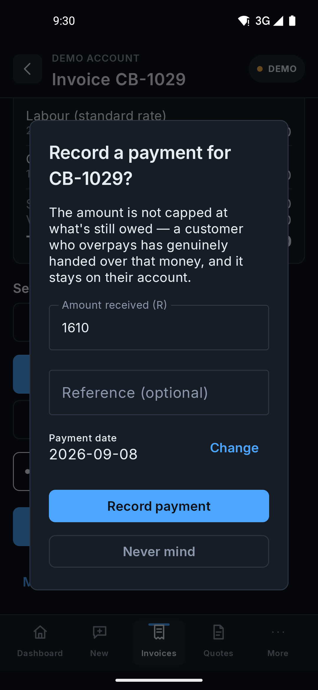 The Android app asking how much came in, with the amount already filled in at what is still owed and boxes for a reference and the date the payment came in.