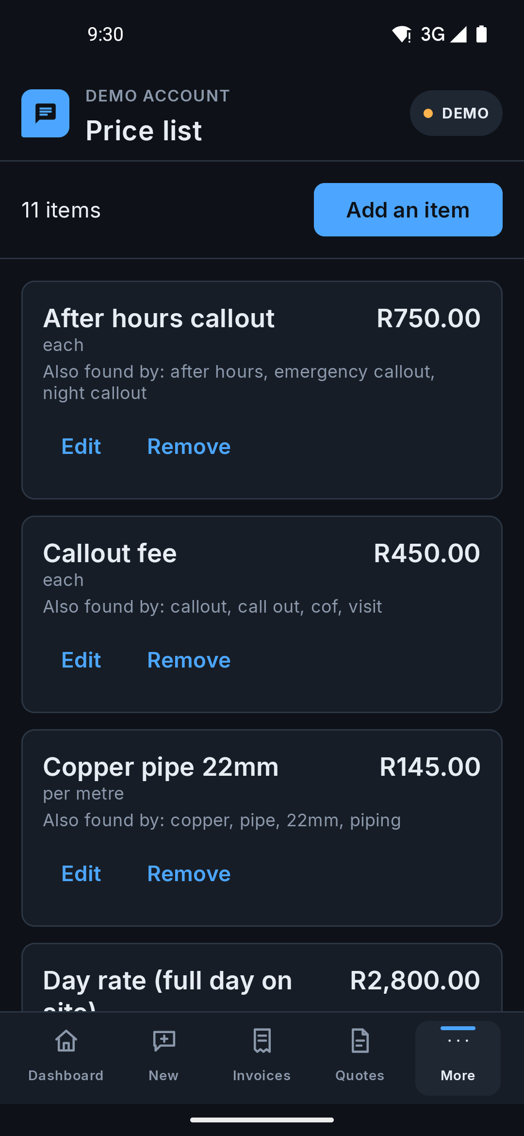 The same Price list screen on the Android app, one card per item with its price and the keywords that find it, and Edit and Remove on each.