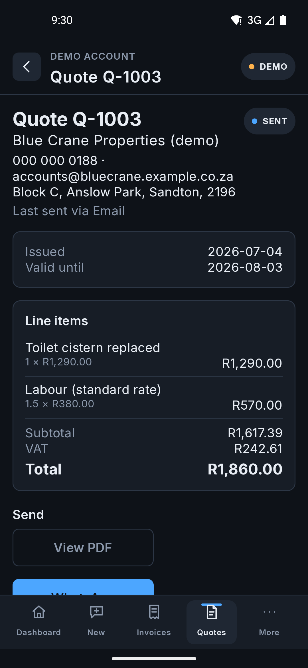 The same quote on the Android app, showing the customer, the issued and valid-until dates, the line items, subtotal, VAT and total, and the buttons for sending it.