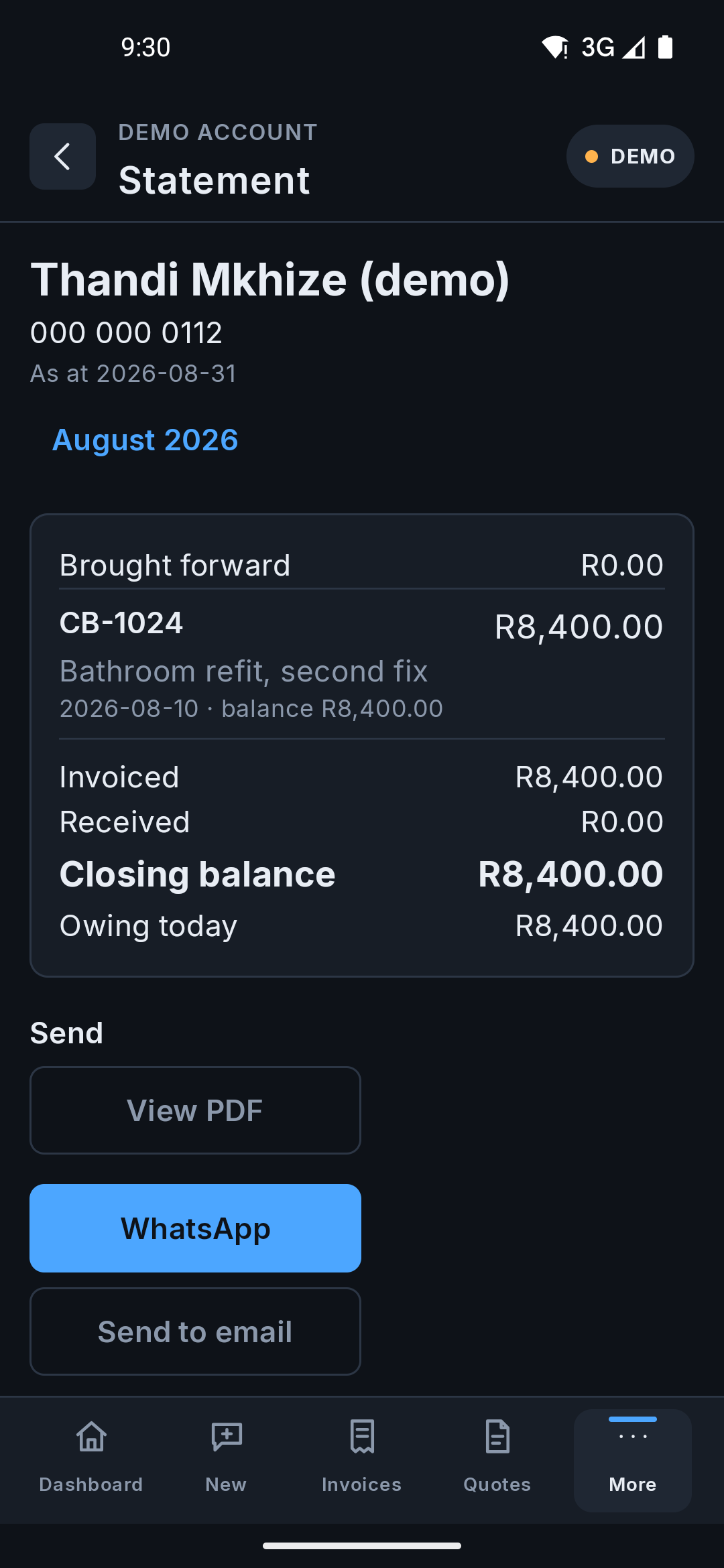 The same statement page on the Android app, showing the month's invoices, the invoiced and received totals, the closing balance and what is owing today, and the buttons to send it.