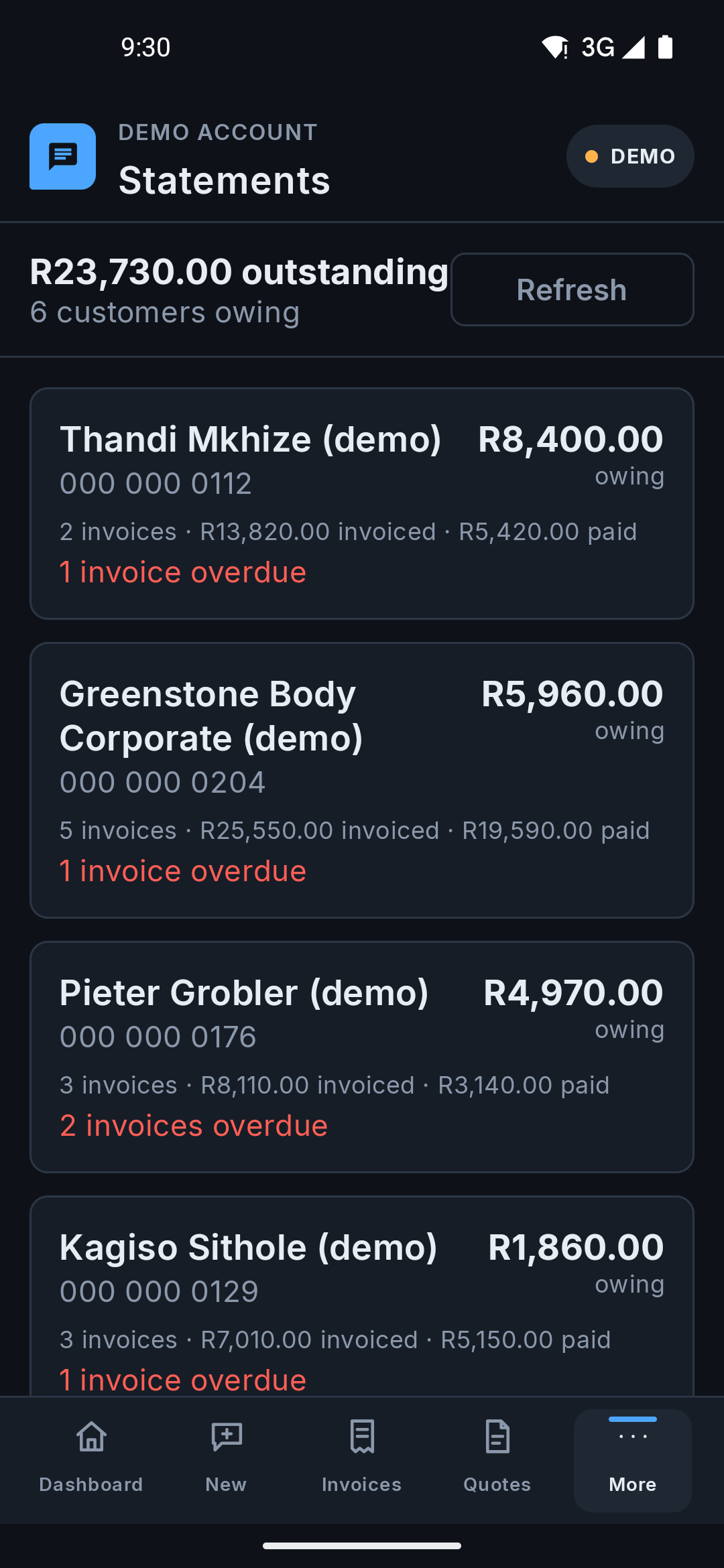 The same Statements list on the Android app, showing customers with how much each owes.