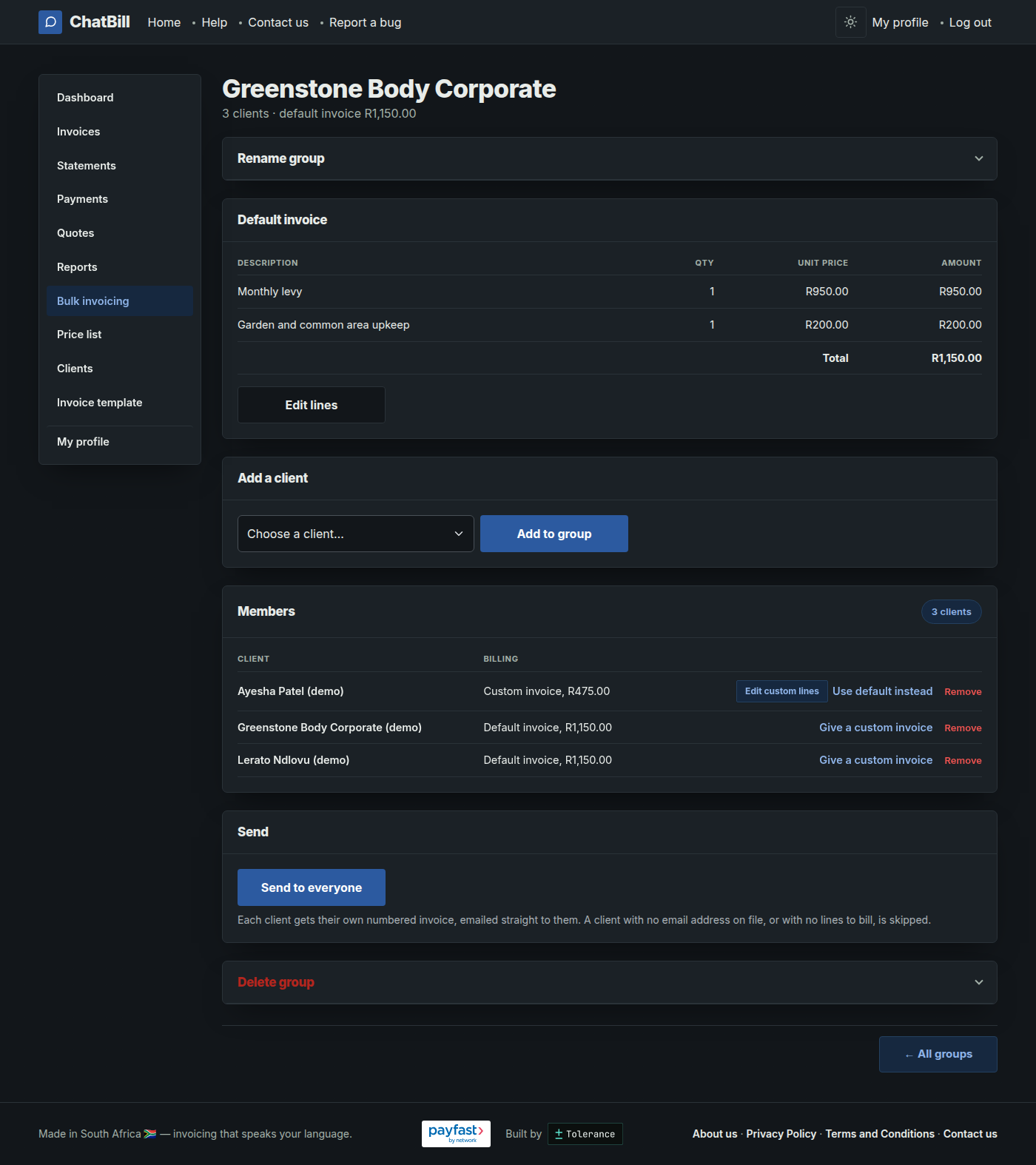 A group's page showing its default invoice of a monthly levy and a garden upkeep line totalling R1,150, an Add a client box, and three members: one billed the default invoice, and one with her own custom invoice instead.