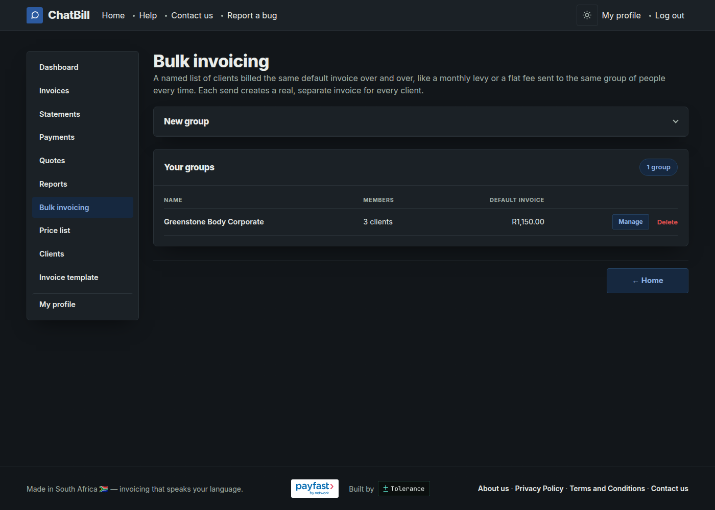 The Bulk invoicing list, showing one group called Greenstone Body Corporate with its client count and default invoice total, and a New group panel above it.