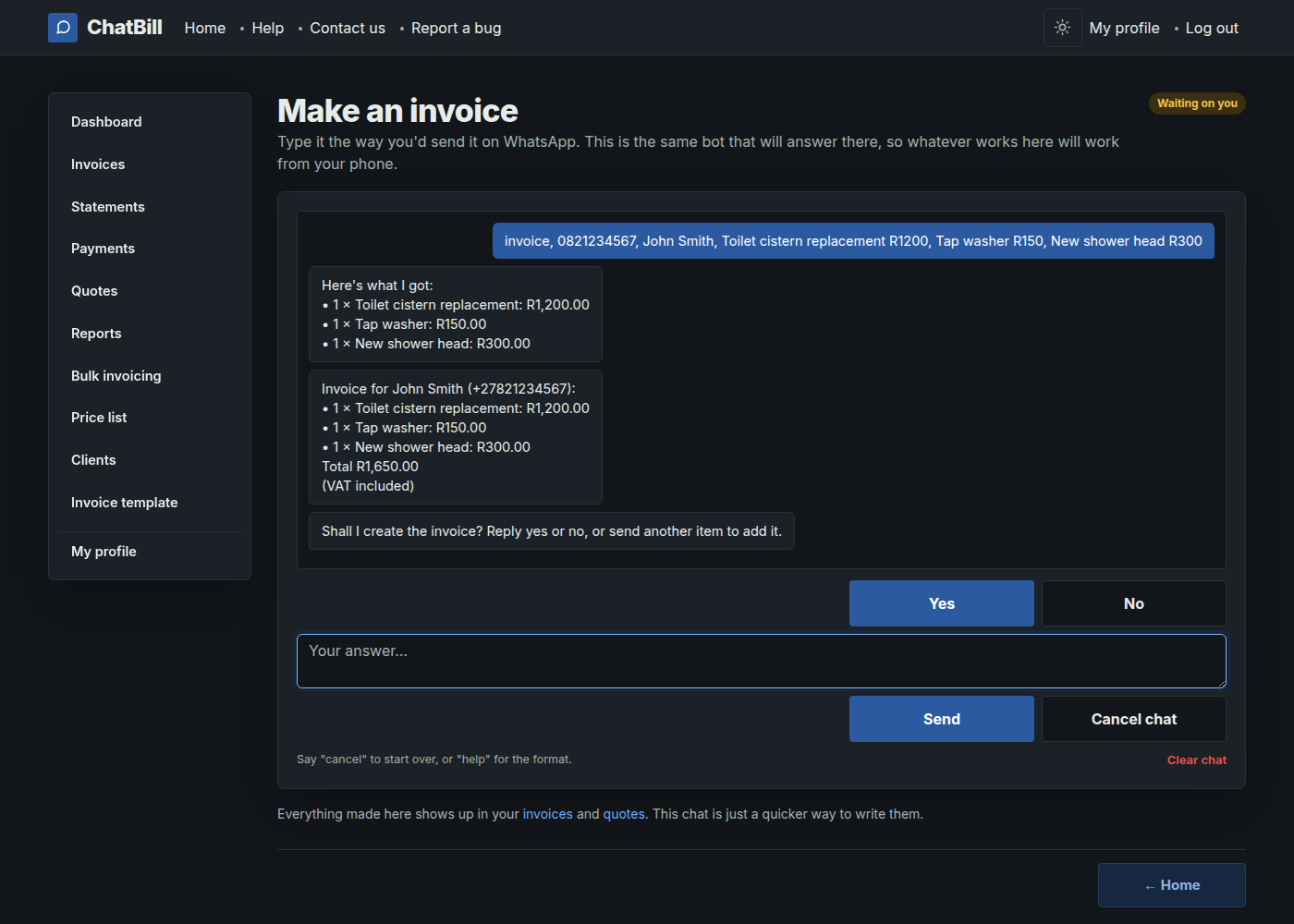 The bot's reply summarising the line items and total, then asking 'Shall I create the invoice? Reply yes or no, or send another item to add it.'