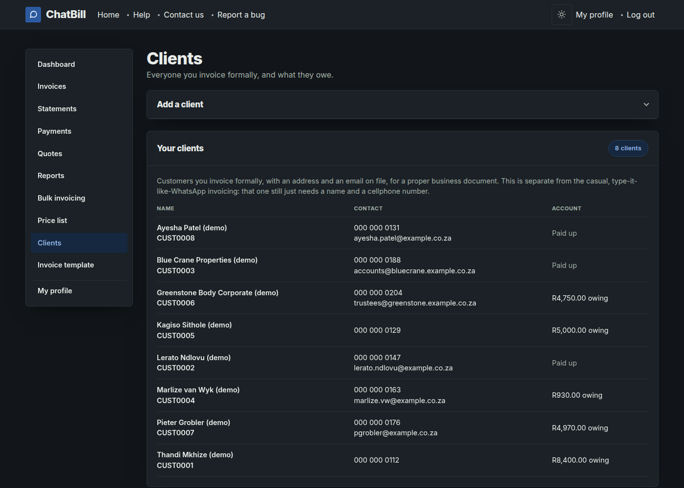 The Clients settings page, with the Add a client form at the top and the saved clients underneath, each with their contact and billing address and what they still owe.