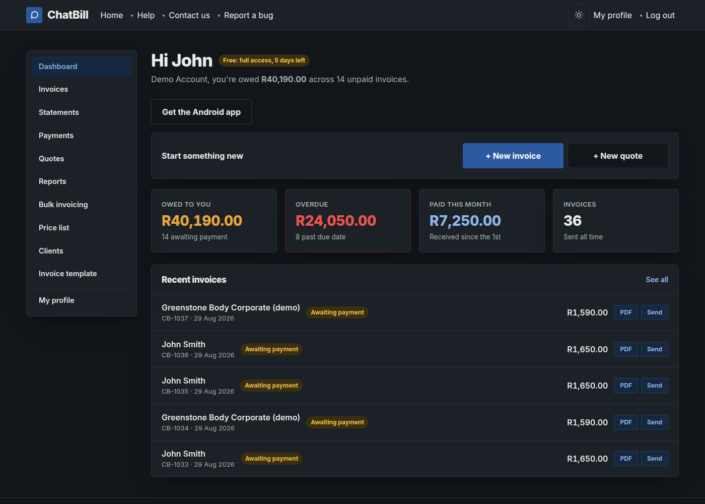 The ChatBill dashboard, showing the + New invoice and + New quote buttons above the summary tiles.