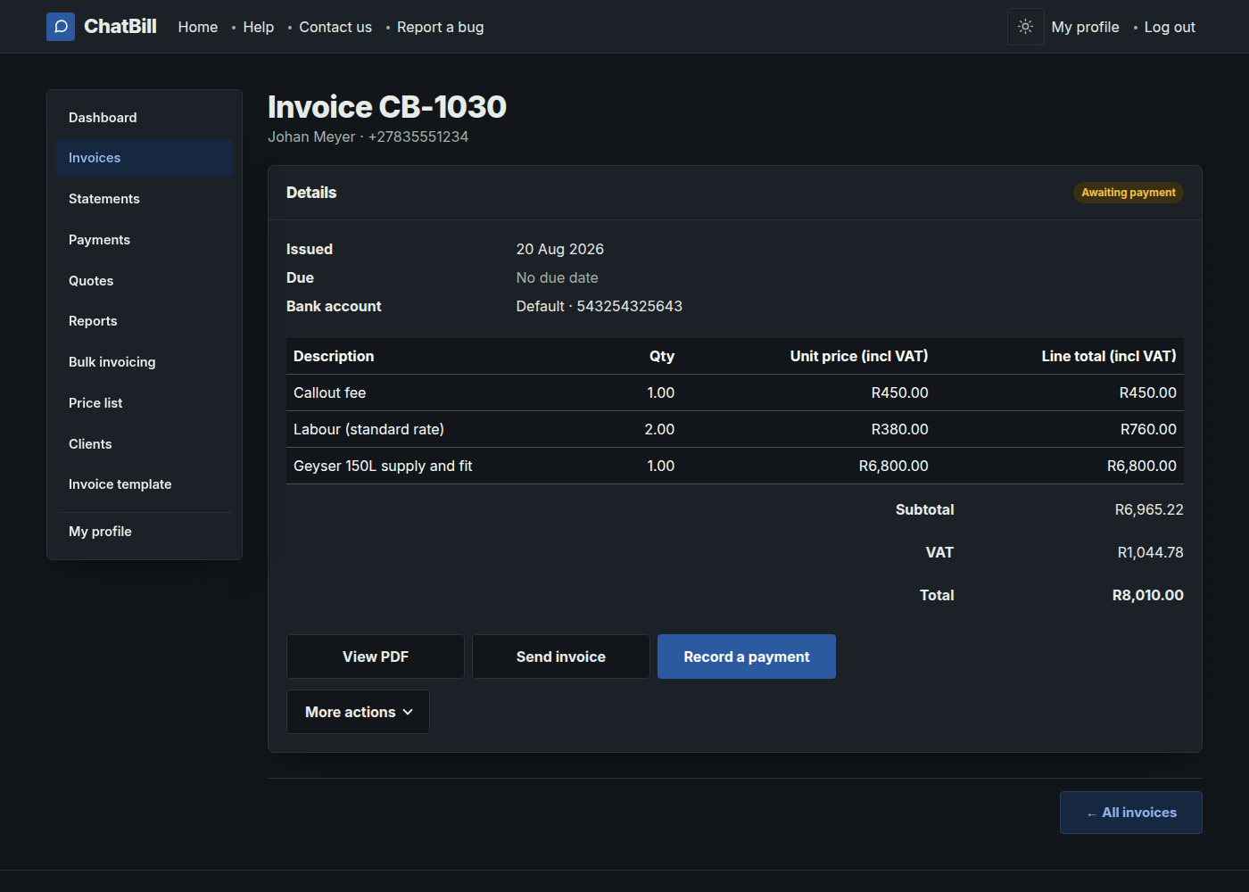 An invoice's own page, showing the customer, issued and due dates, line items, subtotal, VAT and total, and buttons for View PDF, Send invoice, Record a payment and More actions.