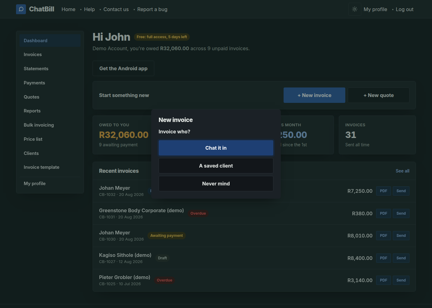 The New invoice popup, asking Invoice who? with buttons for Chat it in, A saved client, and Never mind.
