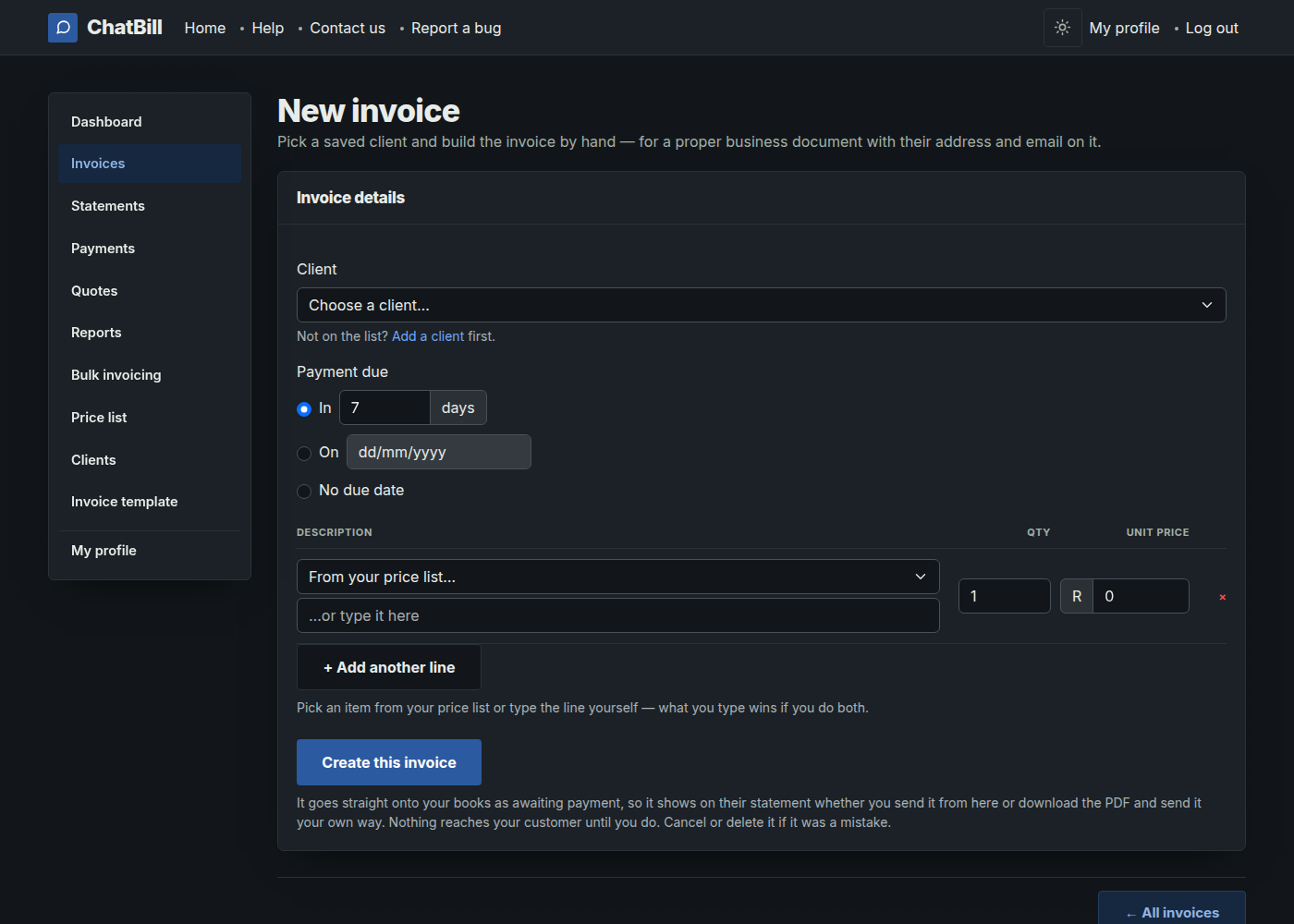 The New invoice form, with a client dropdown, payment-due options, and one empty line with a 'From your price list...' picker.