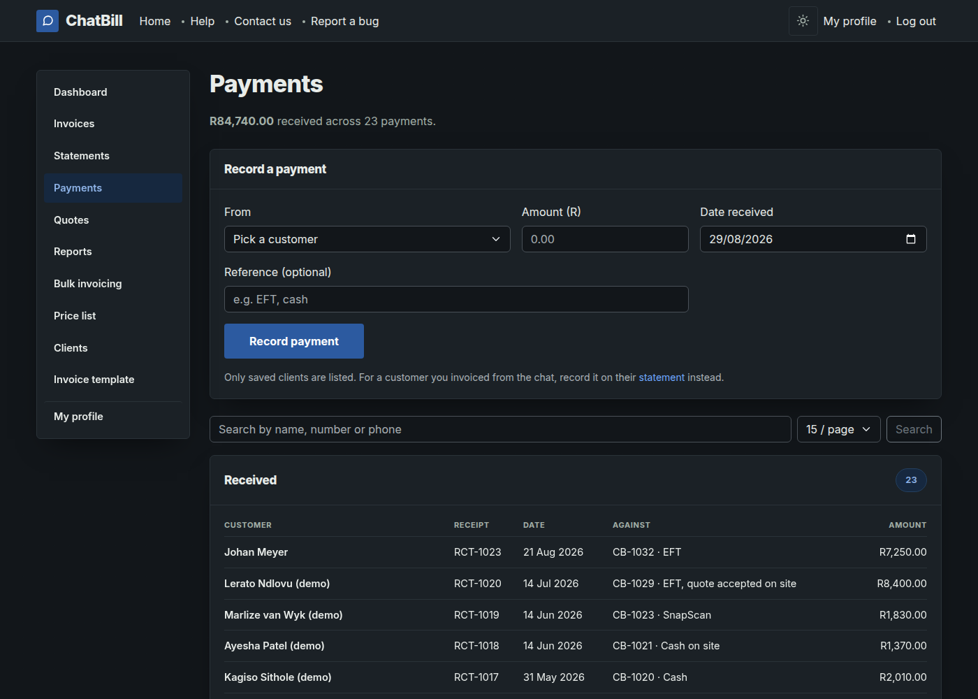 The Payments list, showing the total received, each payment's customer, receipt number, date, what it was applied to, and the amount.