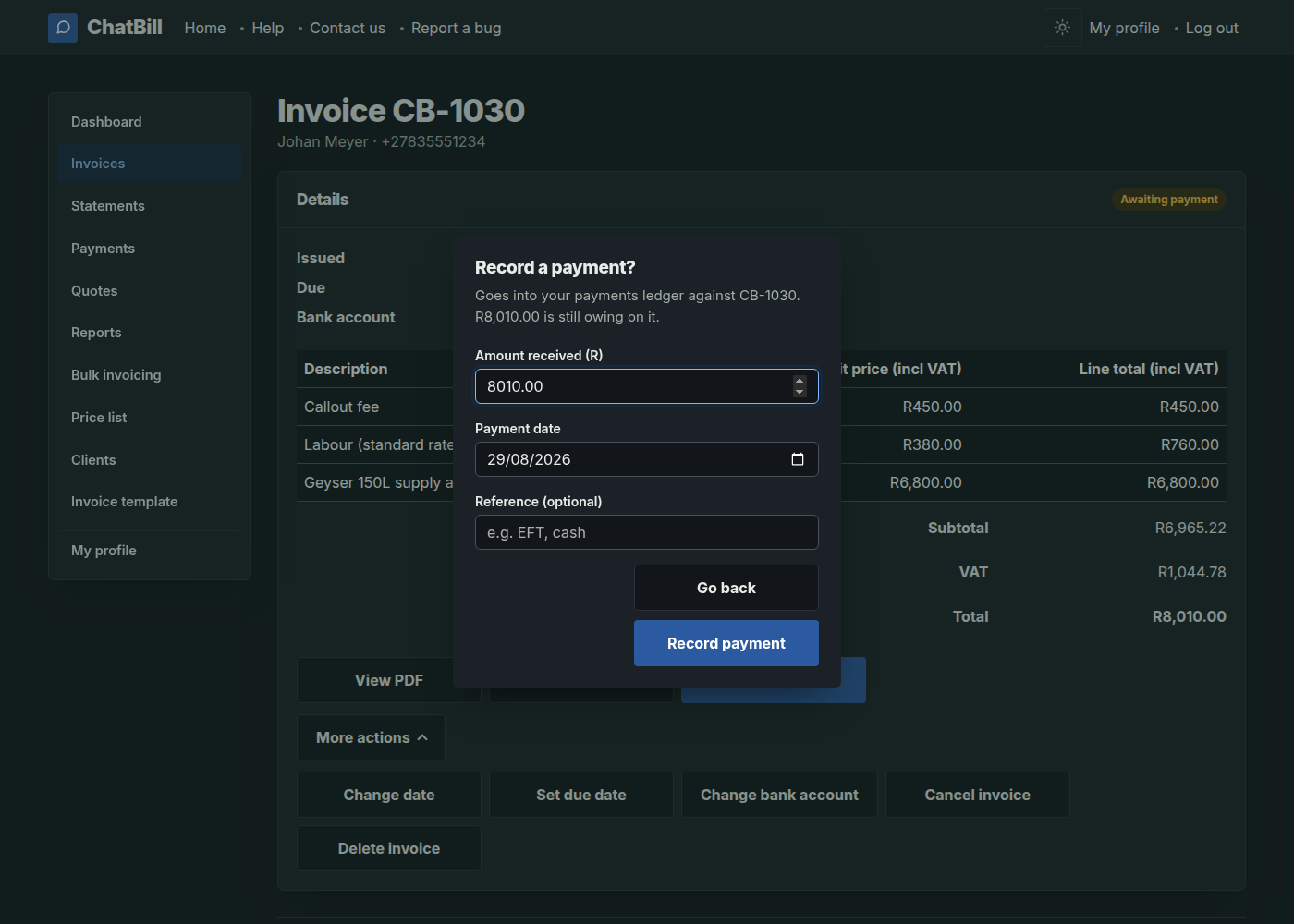 The Record a payment box, with the amount received, the payment date and an optional reference.