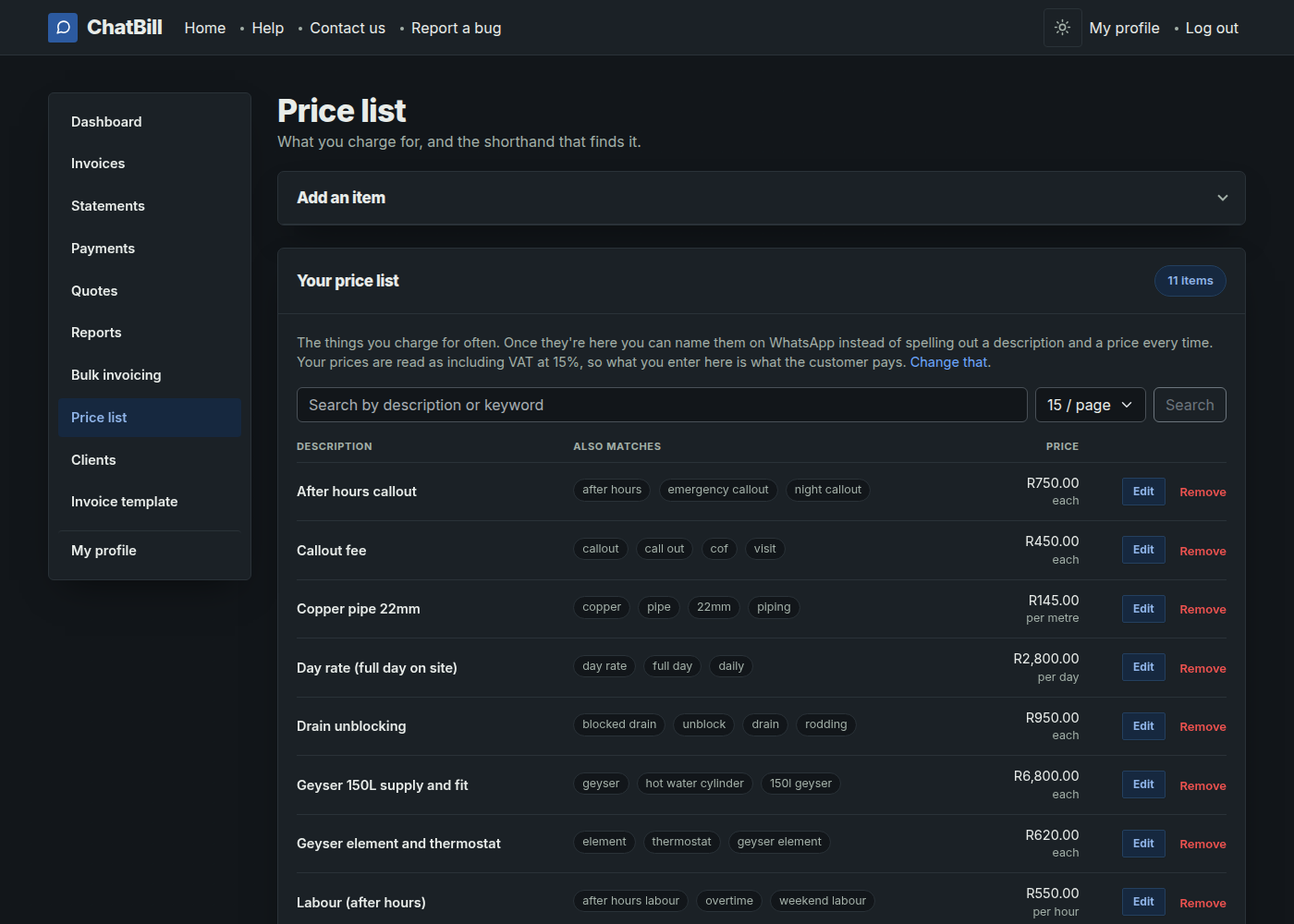 The Price list settings page, showing saved items such as Callout fee at R450 each and Labour (standard rate) at R380 per hour, each with their matching keywords.