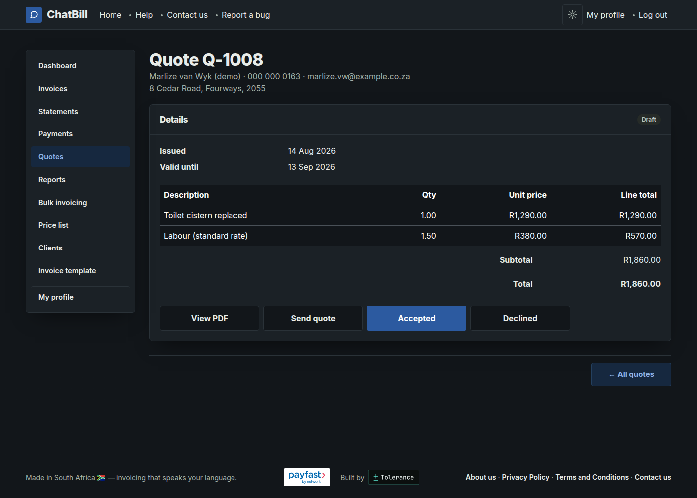 A quote's own page, showing the customer, issued and valid-until dates, line items, total, and buttons for View PDF, Send quote, Accepted and Declined.