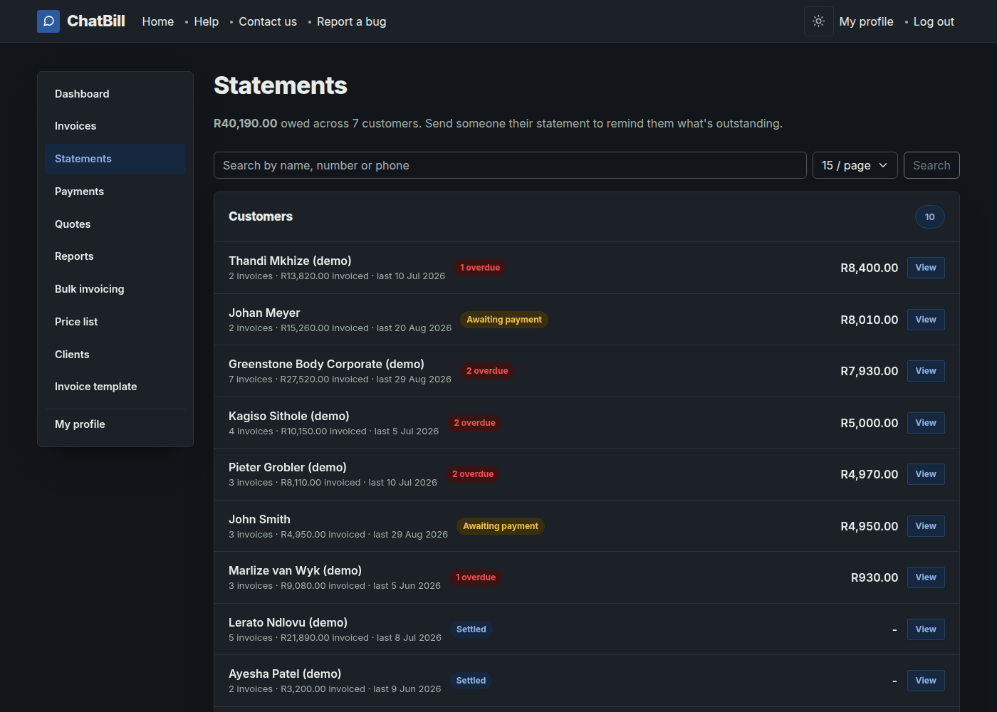 The Statements list, showing customers with how many invoices each has, the total invoiced, and a balance due or a Settled badge.