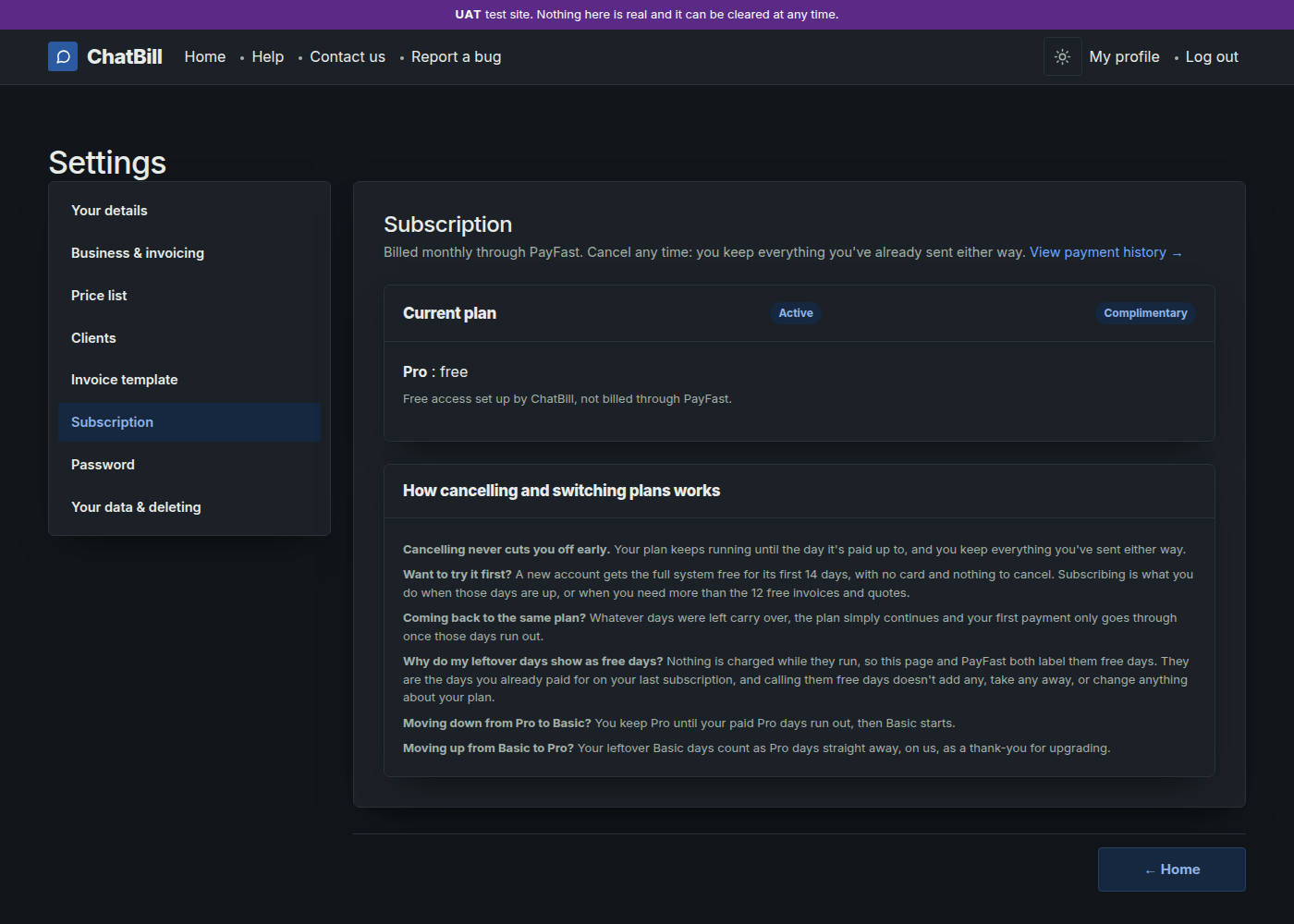 The Subscription page showing an Active badge, the Pro plan and its monthly price, the next payment date, and a button to downgrade to Basic or cancel.