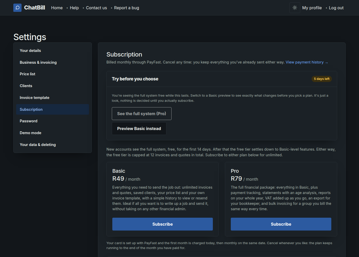 The Subscription settings page, showing free days remaining and two plan cards, Basic and Pro, each with a price and a Subscribe button.